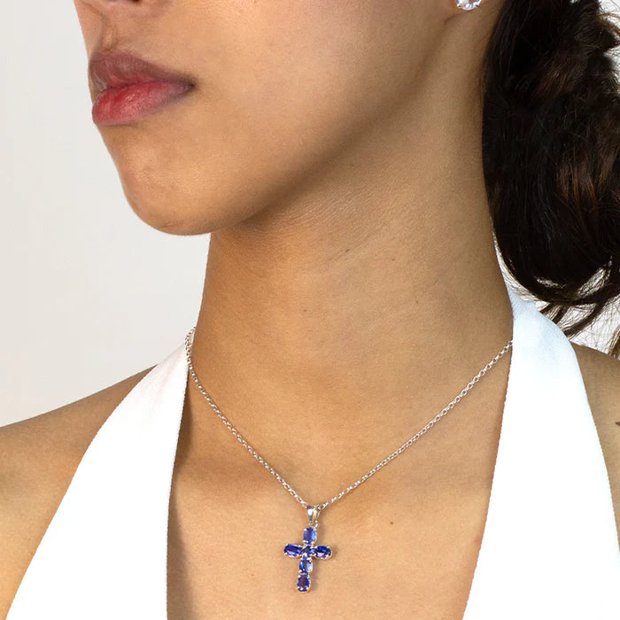 blue kyanite cross necklace sterling silver faceted kyanite gemstone cross pendant spiritual jewelry