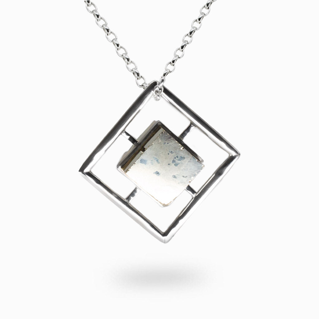 Natural pyrite cube pendant set in sterling silver on chain