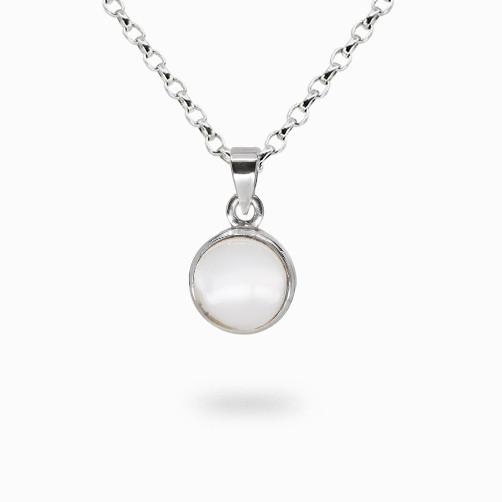 Round cabochon clear quartz gemstone pendant set in sterling silver bezel necklace.. | MADE IN EARTH