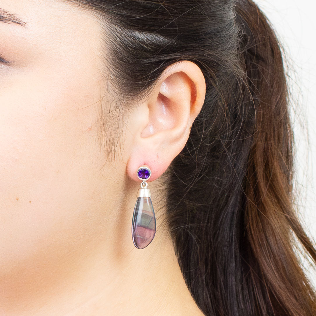 Amethyst and Fluorite Stud Drop Earrings