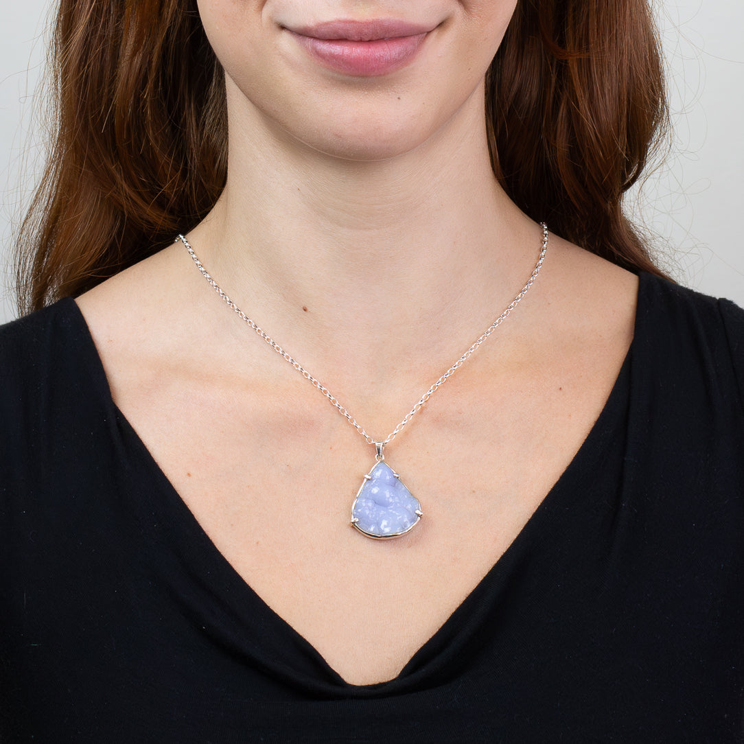 Raw Blue Botryoidal gemstone pendant necklace in sterling silver claw setting featuring natural rounded crystal formations.