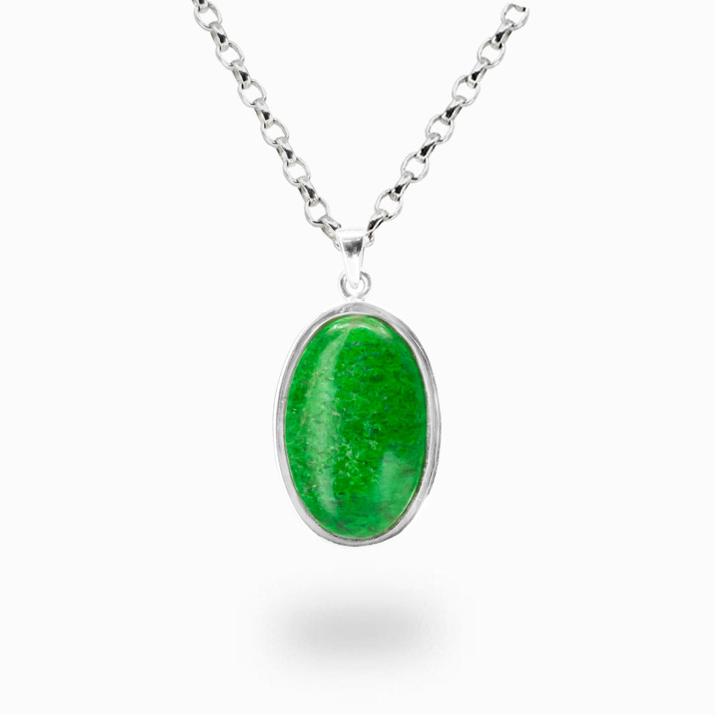 Oval cabochon Maw Sit Sit pendant necklace in sterling silver.