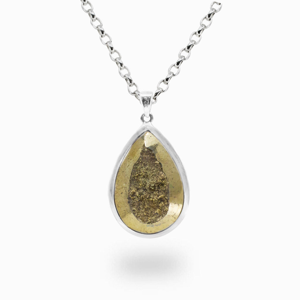 Alt Text: Pear-shaped Pyrite druzy pendant necklace in sterling silver.