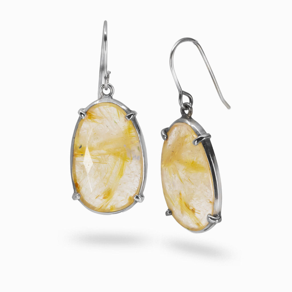 Golden Rutilated Quartz faceted oval drop earrings in sterling silver with visible golden rutile strands | MADE IN EARTH