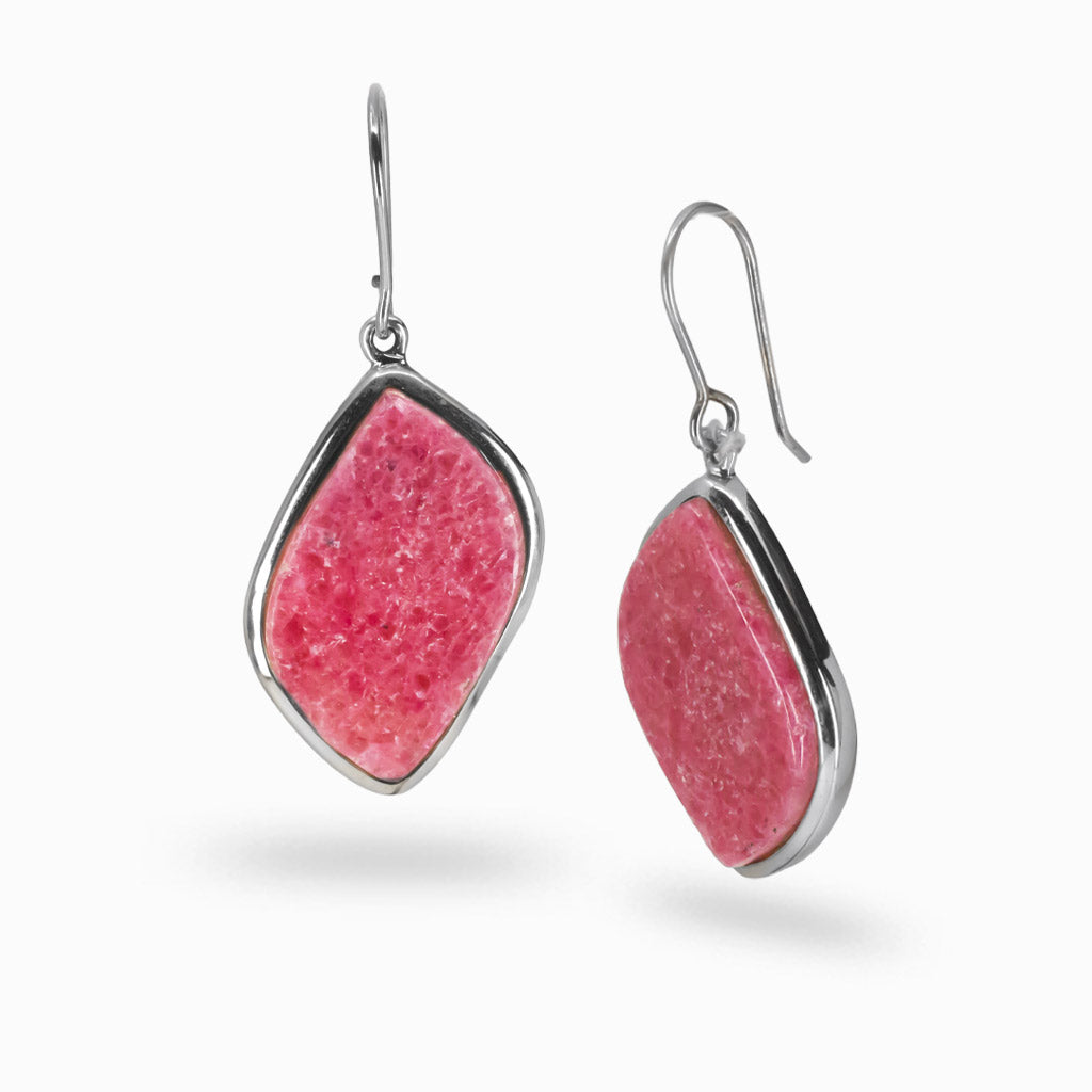 Freeform pink Rhodonite cabochon earrings set in sterling silver with hook fittings. | MADE IN EARTH