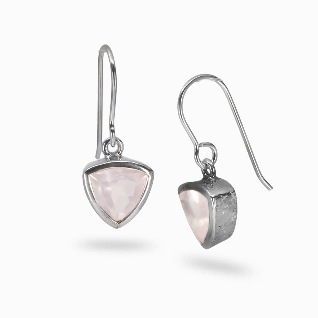 Faceted trillion-cut Rose Quartz drop earrings set in sterling silver with hook fittings |MADE IN EARTH