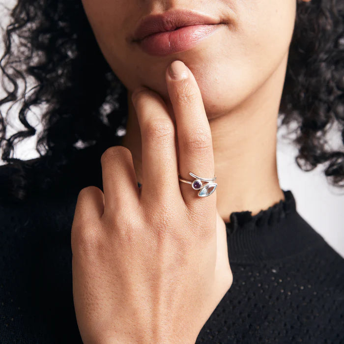 amethyst and blue topaz ring sterling silver purple quartz sky blue gemstone marquise ring