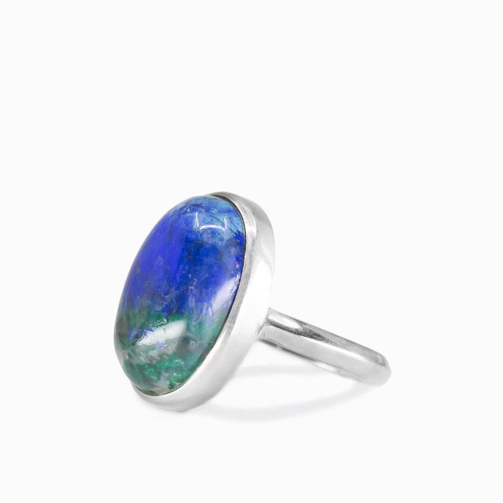 Azurite and dioptase oval cabochon ring in sterling silver with deep blue and green natural stone