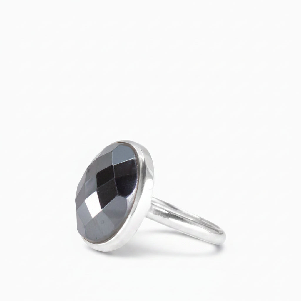 FACETED OVAL HEMATITE RING STERLING SILVER