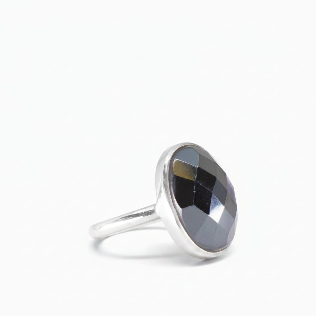 FACETED OVAL HEMATITE RING STERLING SILVER