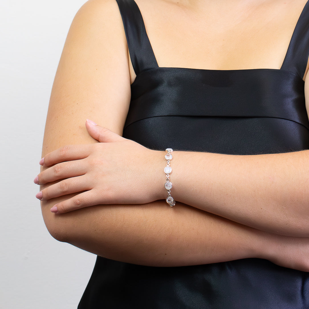 Rainbow Moonstone bracelet in sterling silver with oval faceted gemstones.