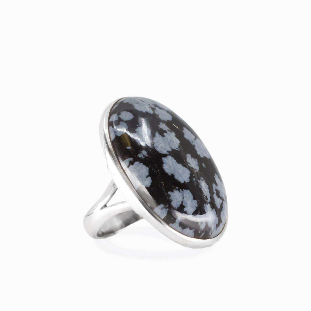 Snowflake obsidian oval cabochon ring in sterling silver with black and gray pattern