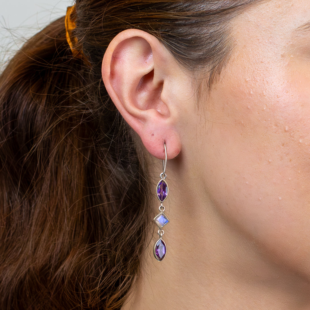 Amethyst & Rainbow Moonstone Drop Earrings