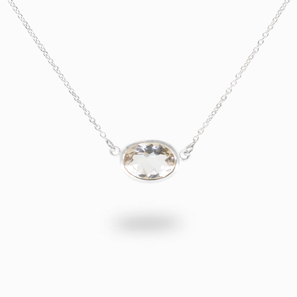 Faceted Clear Quartz oval necklace in sterling silver bezel setting.
