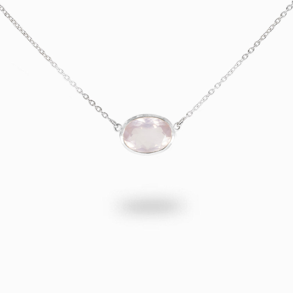 Faceted Rose Quartz oval necklace in sterling silver.