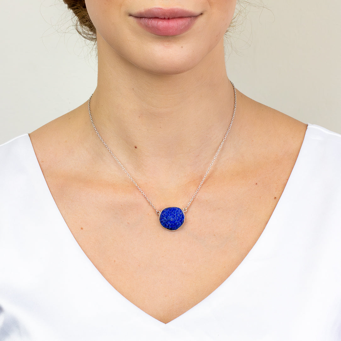 Natural Azurite crystal necklace in sterling silver with vivid blue mineral specimen.