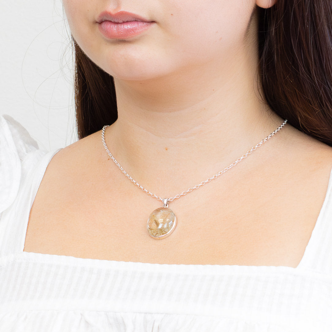 CABOCHON GOLDEN RUTILATED OVAL BEZEL NECKLACE ON MODEL
