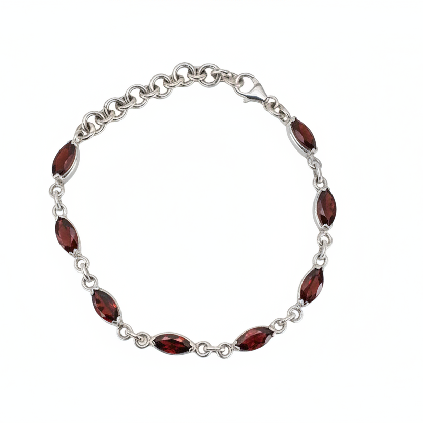 Marquise garnet bracelet with deep red stones set in sterling silver