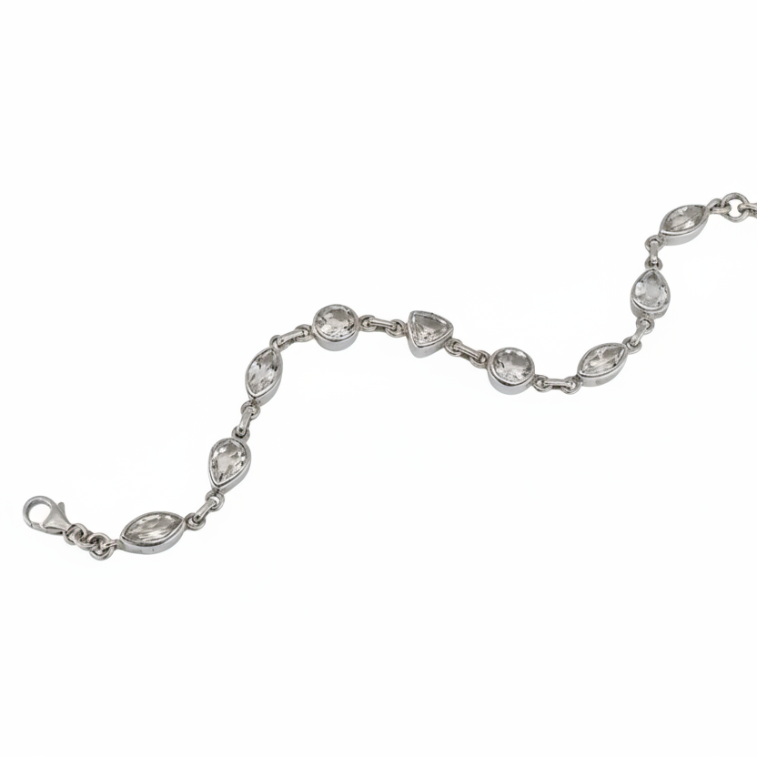 Mixed cut clear quartz bracelet with faceted transparent stones in sterling silver