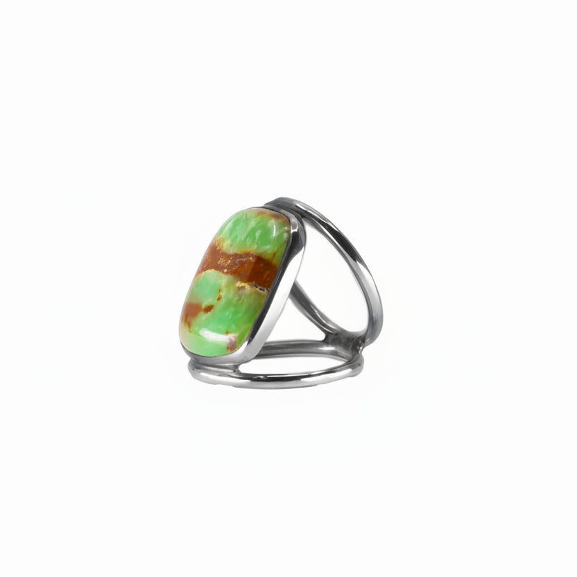 Chrysoprase in Matrix cabochon ring with silver band | MADE IN EARTH