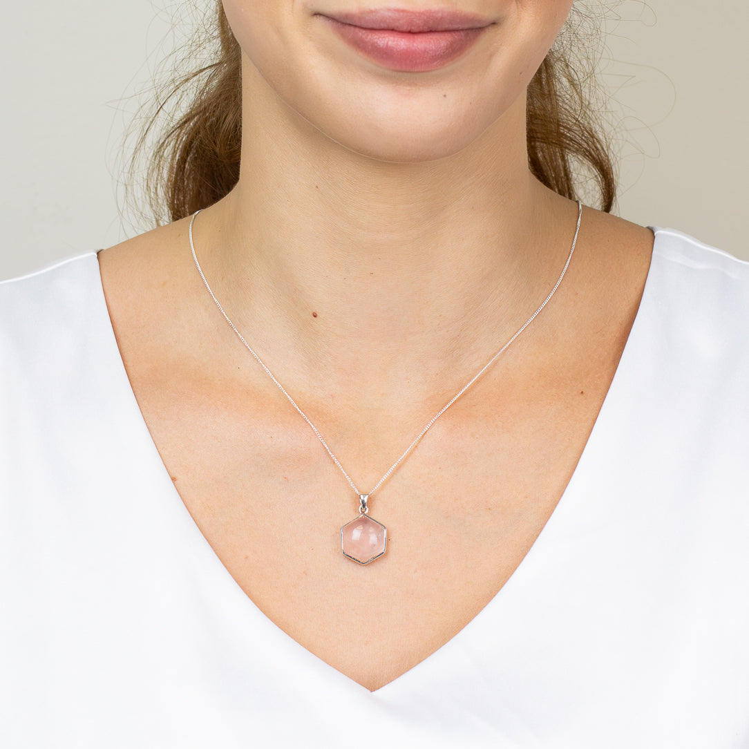 Hexagonal rose quartz bezel necklace in sterling silver ON MODEL
