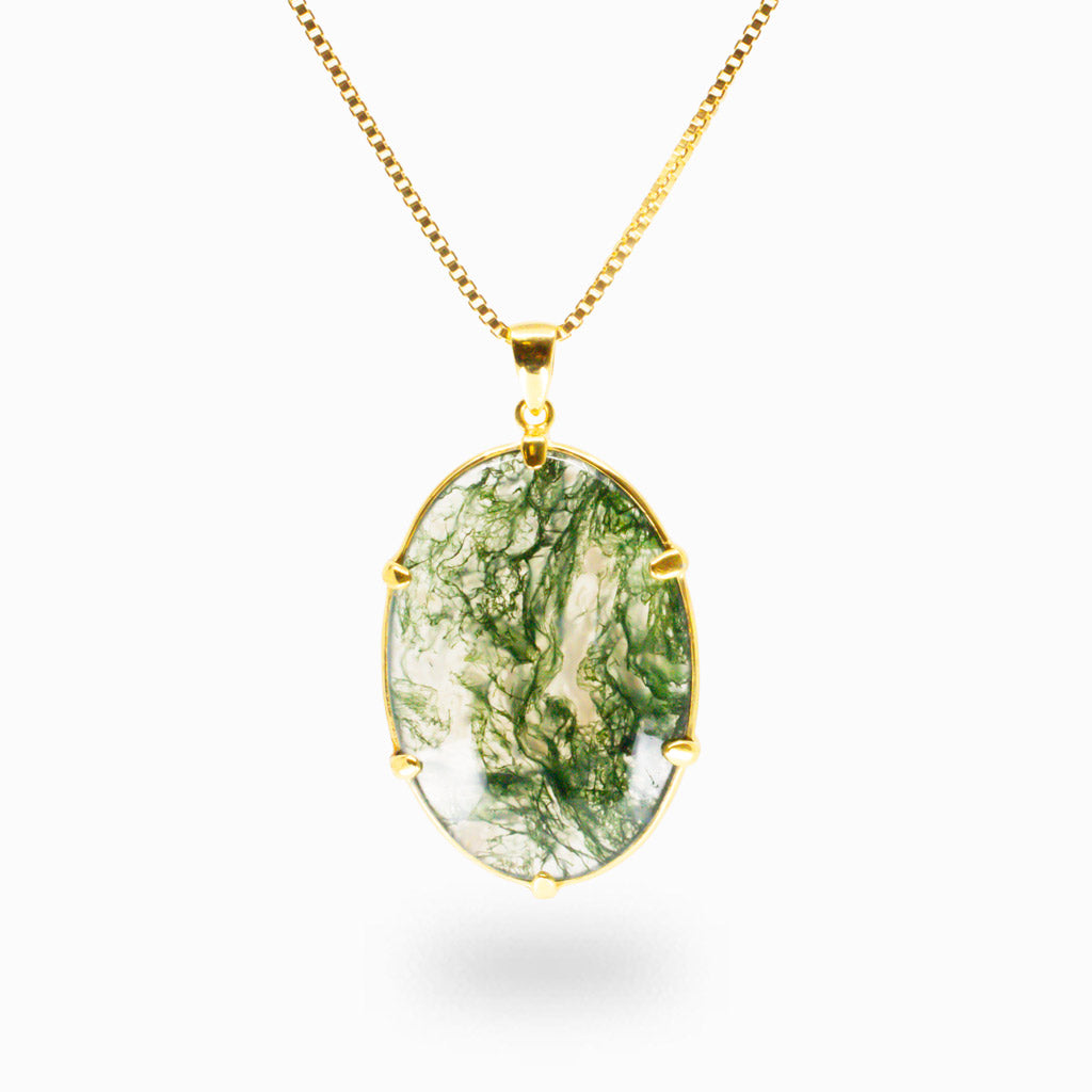 CABOCHON MOSS AGATE OVAL NECKLACE YELLOW GOLD VERMEIL