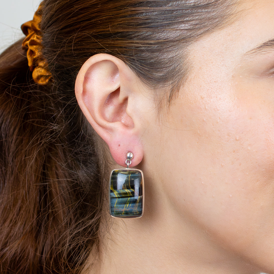 Cabochon Hawk’s Eye drop earrings in sterling silver