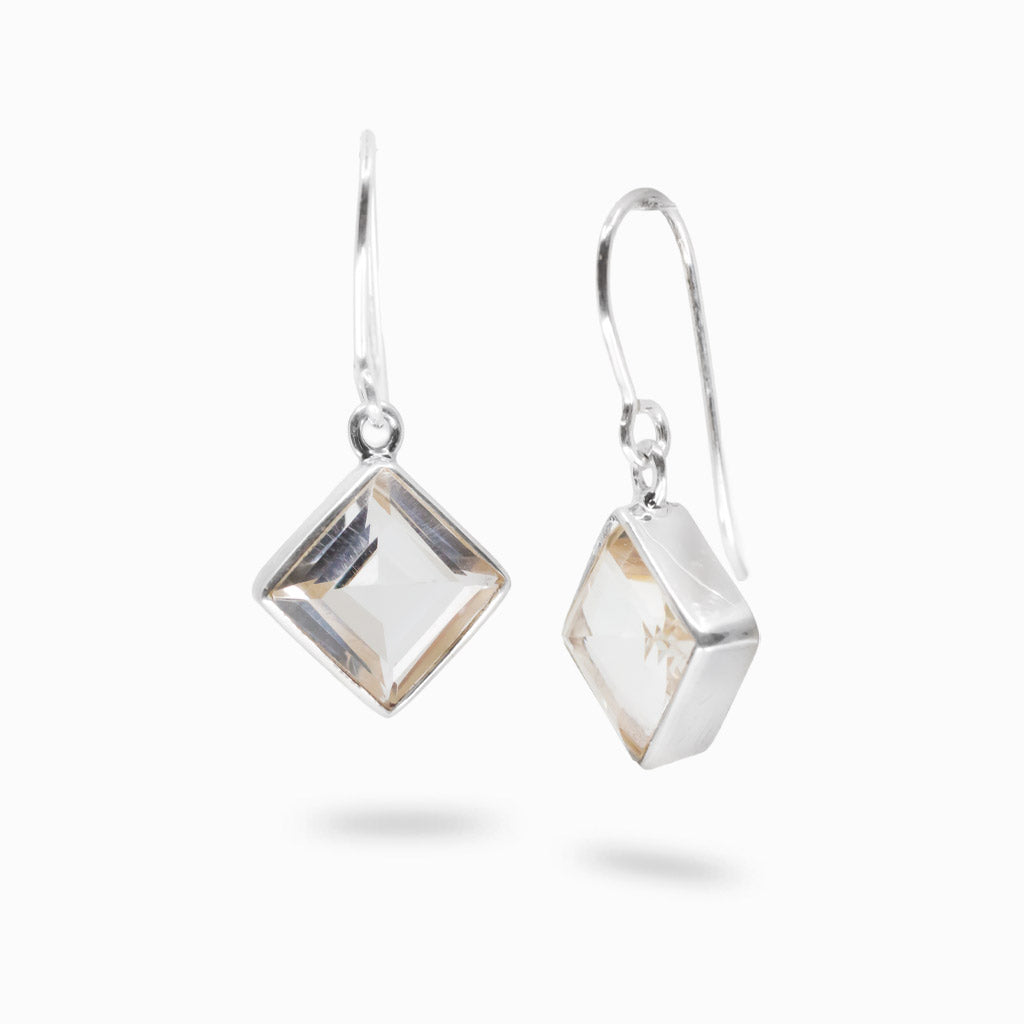 Faceted clear quartz diamond shaped drop earrings in sterling silver