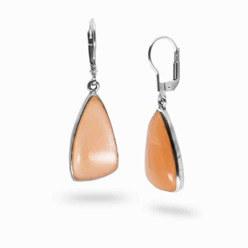 Peach Moonstone cabochon bezel drop earrings in sterling silver with French clasp, soft pastel sheen and moonlike glow. | MADE IN EARTH