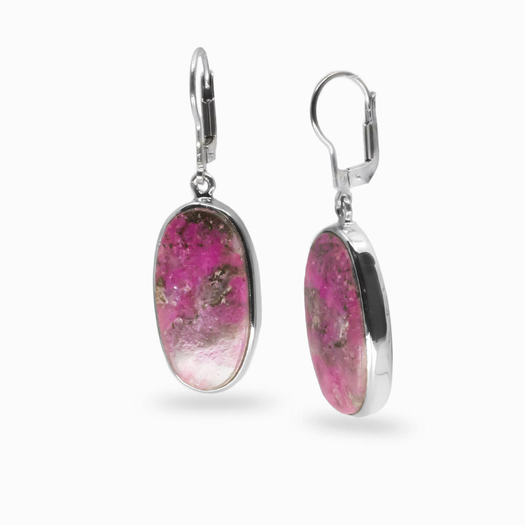 Cobaltian Calcite oval cabochon drop earrings in sterling silver with vivid hot pink gemstones. | MADE IN EARTH