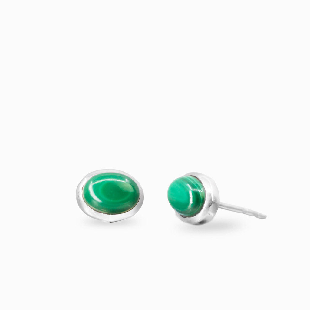 Oval malachite stud earrings in sterling silver