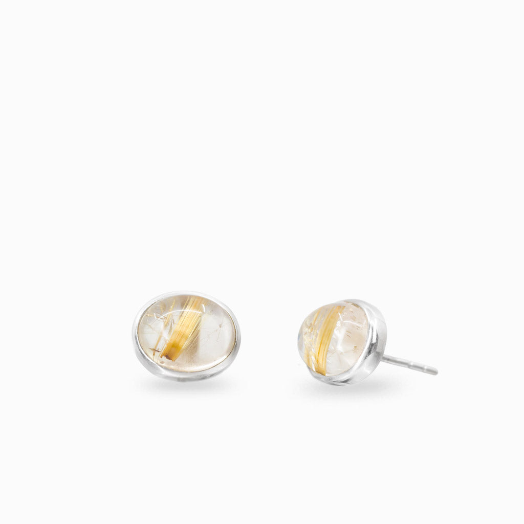 Cabochon golden rutilated quartz oval stud earrings in sterling silver