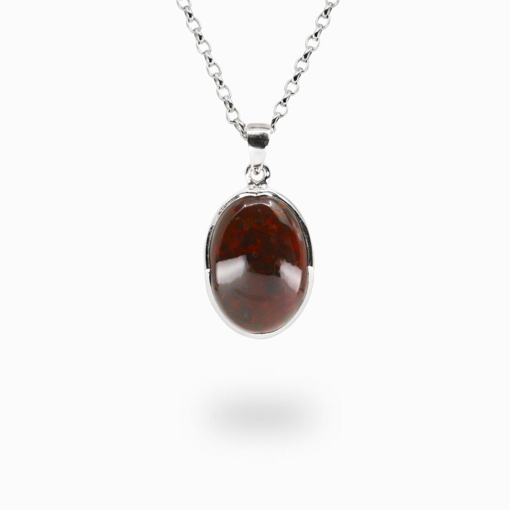 Oval Bloodstone gemstone pendant handcrafted in sterling silver with matching chain.