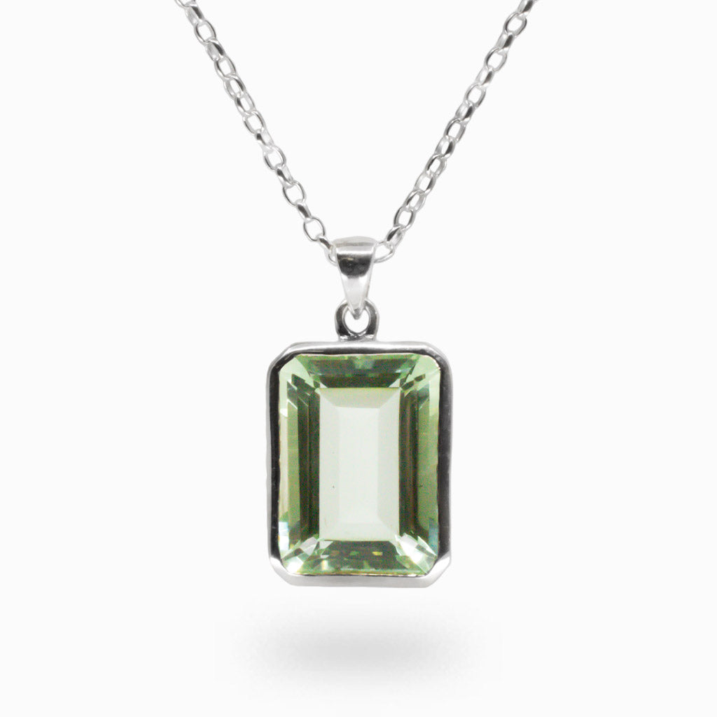 FACETED RECTANGULAR GREEN QUARTZ NECKLACE IN STERLING SILVER BEZEL | MADE IN EARTH
