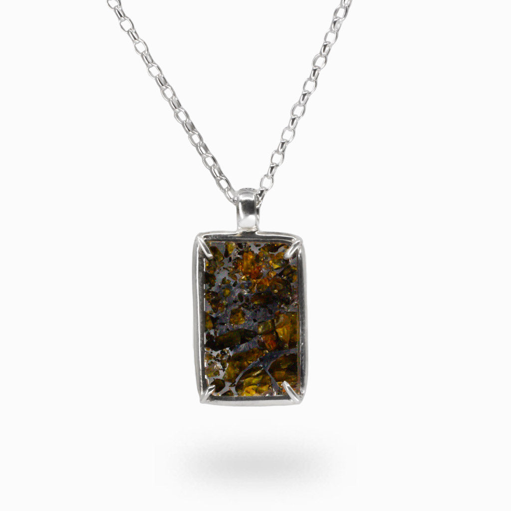 RAW PALLASITE METEROITE NECKLACE WITH STERLING SILVER CLAW BEZEL | MADE IN EARTH