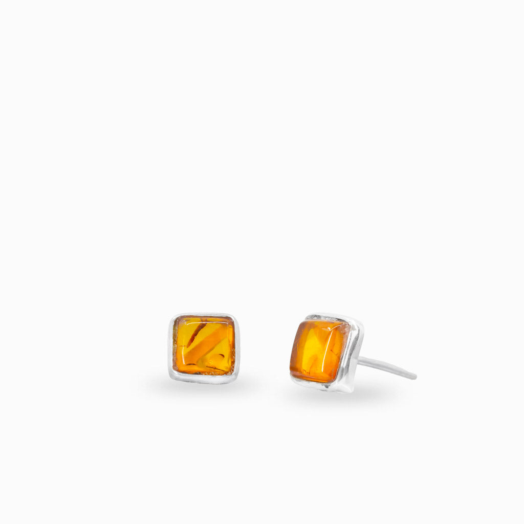 Square amber cabochon stud earrings in sterling silver