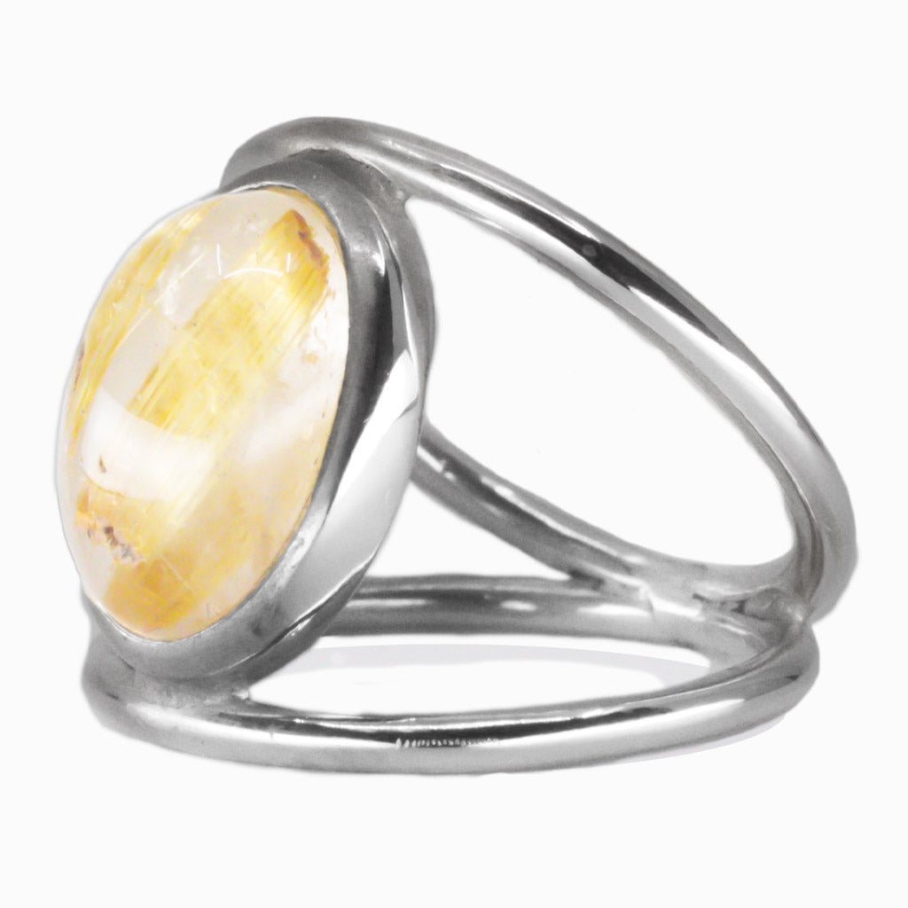CABOCHON GOLDEN RUTILATED QUARTZ RING HALO STERLING SILVER | MADE IN EARTH