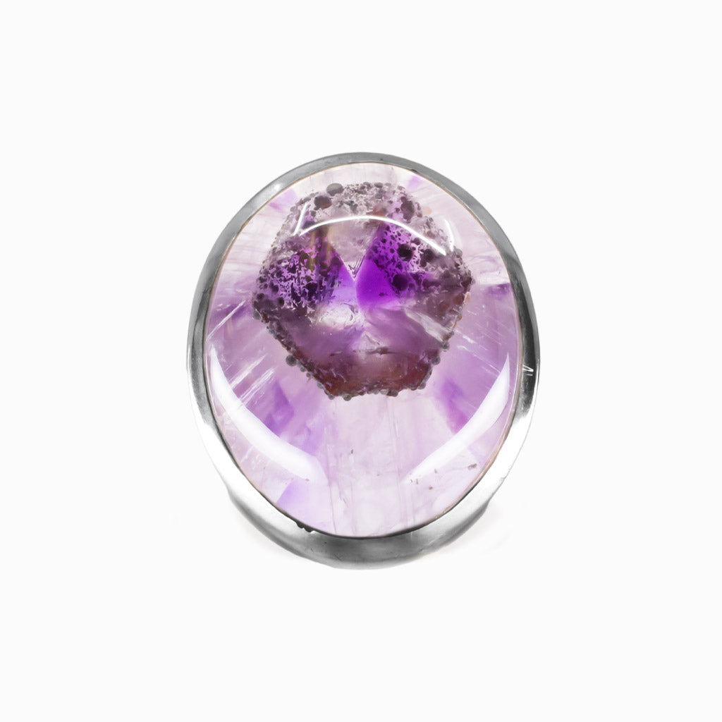 Oval Auralite 23 cabochon ring set in sterling silver bezel with purple mineral inclusions CABOCHON AURALITE OVAL RING STERLING SILVER | MADE IN EARTH