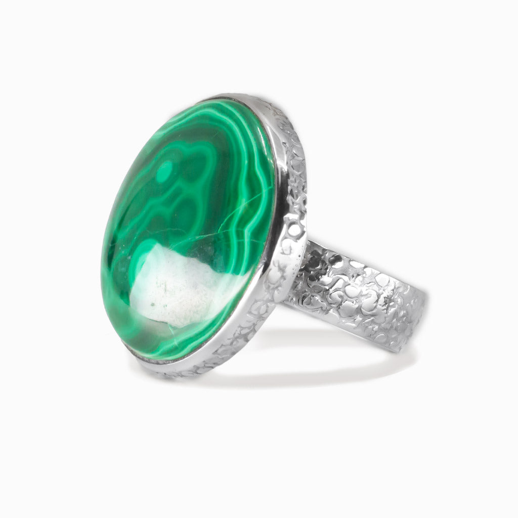 CABOCHON ROUND GREEN MALACHITE RING WITH TEXTURED BAND STERLING SILVER | MADE IN EARTH