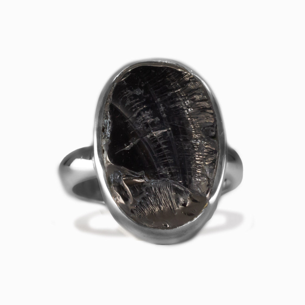 Raw oval shungite ring set in sterling silver bezel with glossy black stone. MADE IN EARTH
