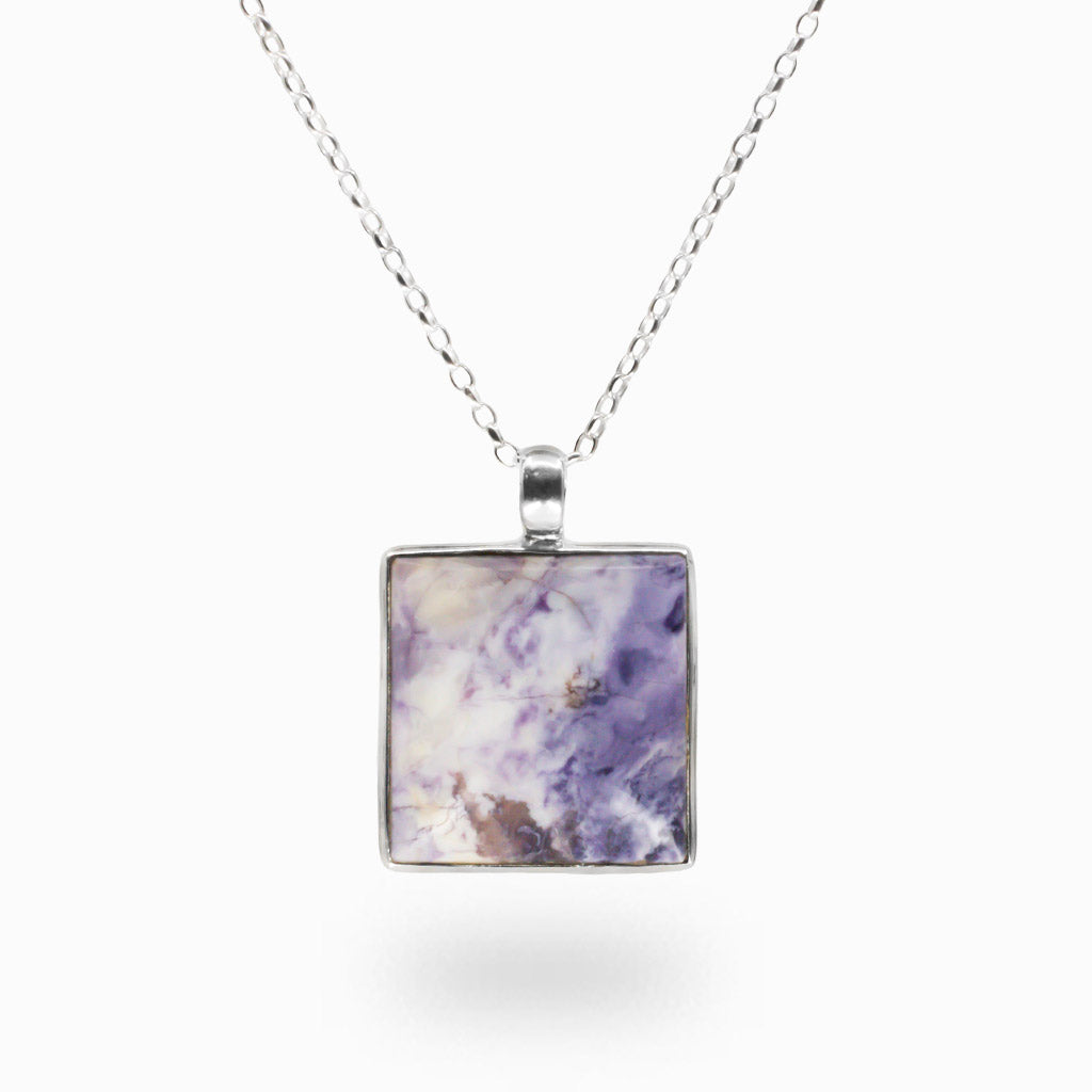 Square Tiffany Stone necklace in sterling silver with soft purple and pastel marbled tones. | MADE IN EARTH