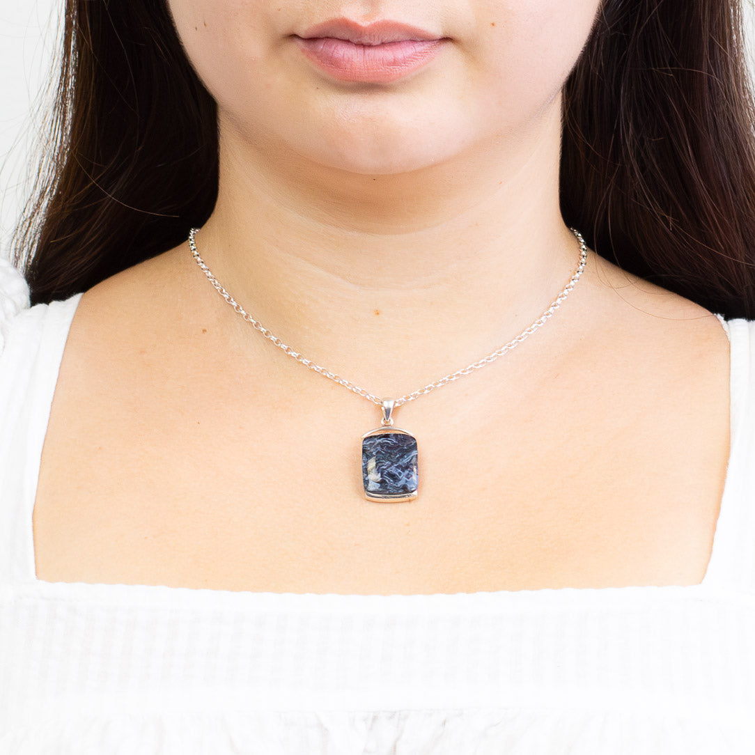 Rectangle Pietersite necklace in sterling silver with deep blue and gold storm-like patterns. | MADE IN EARTH