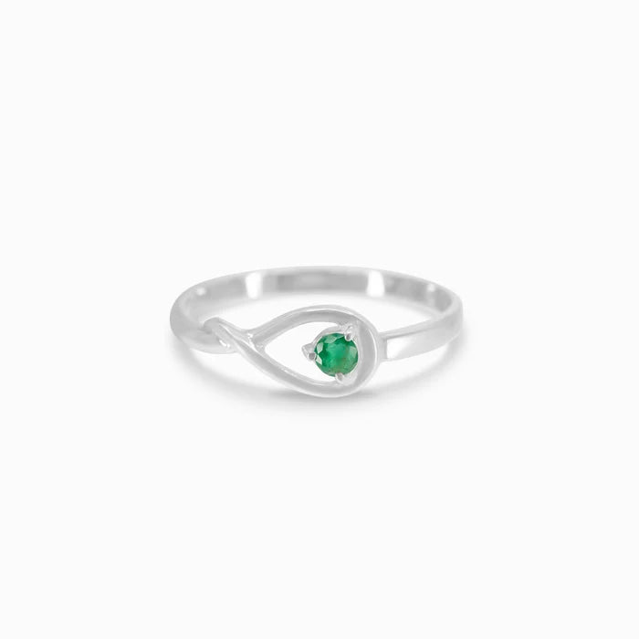 Round faceted green Emerald gemstone prong set in polished sterling silver ring.