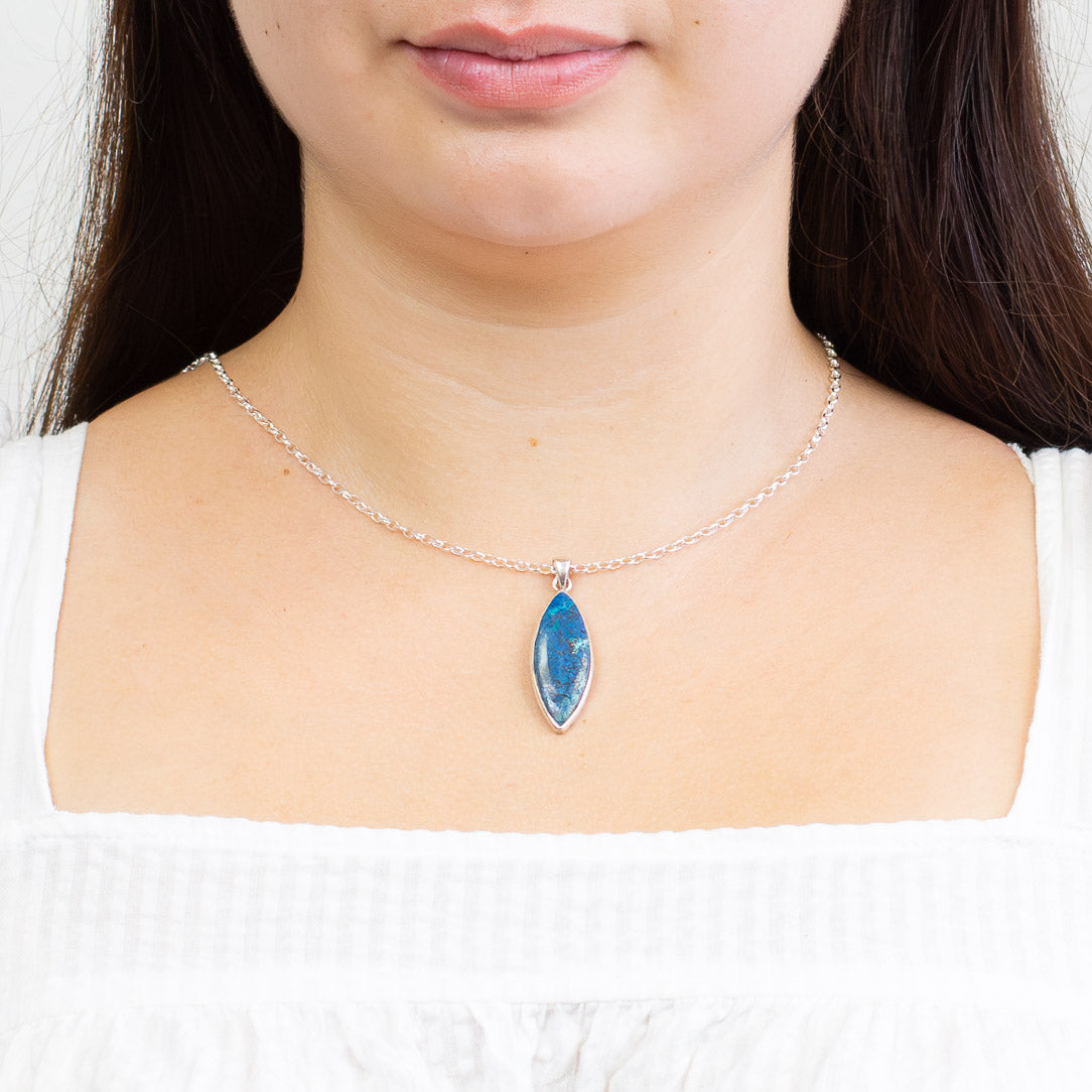 Marquise Shattuckite necklace in sterling silver with deep blue and green ocean-like mineral pattern. | MADE IN EARTH