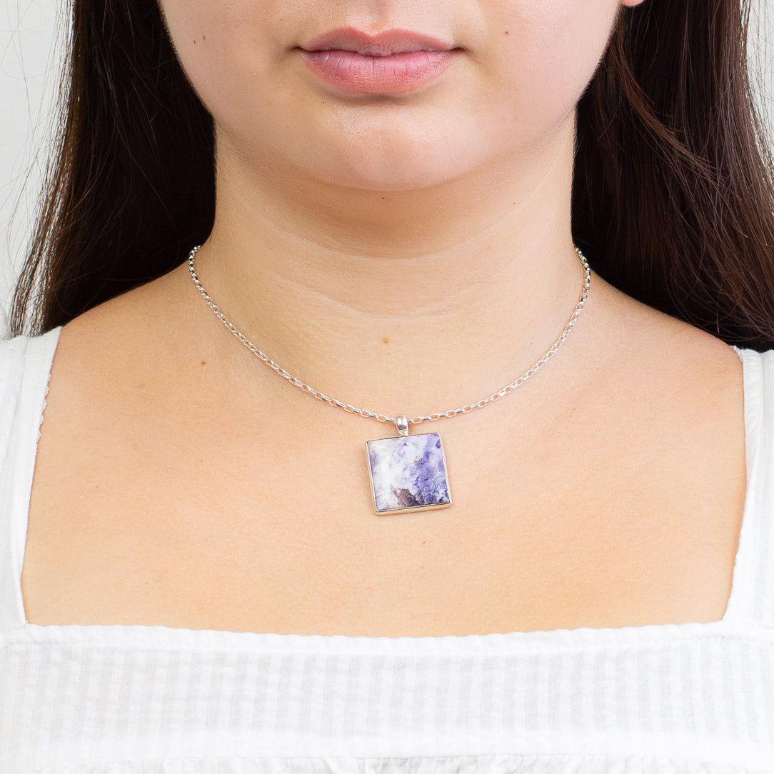 Square Tiffany Stone necklace in sterling silver with soft purple and pastel marbled tones. | MADE IN EARTH