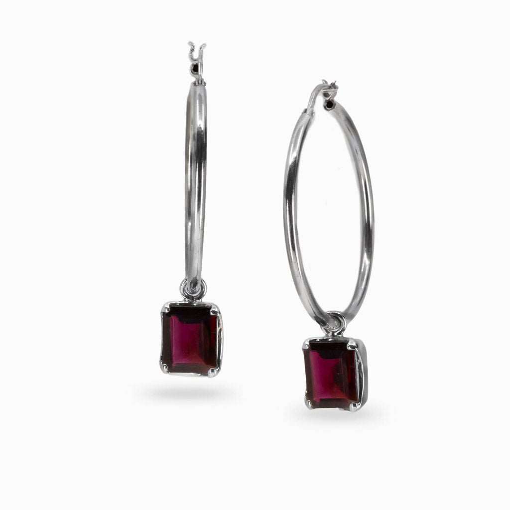 faceted rectangular garnet hoop charms sterling silver gemstone earring charms red garnet jewelry