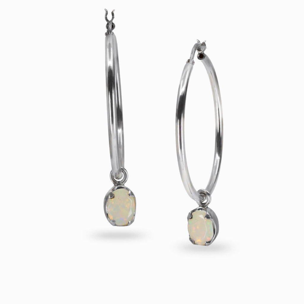 faceted oval precious opal hoop charms sterling silver gemstone earring charms opal jewelry