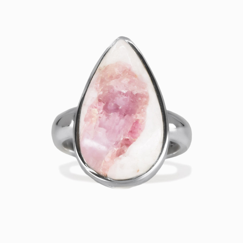 Tear shaped pink tourmaline cabochon ring set in sterling silver with pink gemstone. MADE IN EARTH