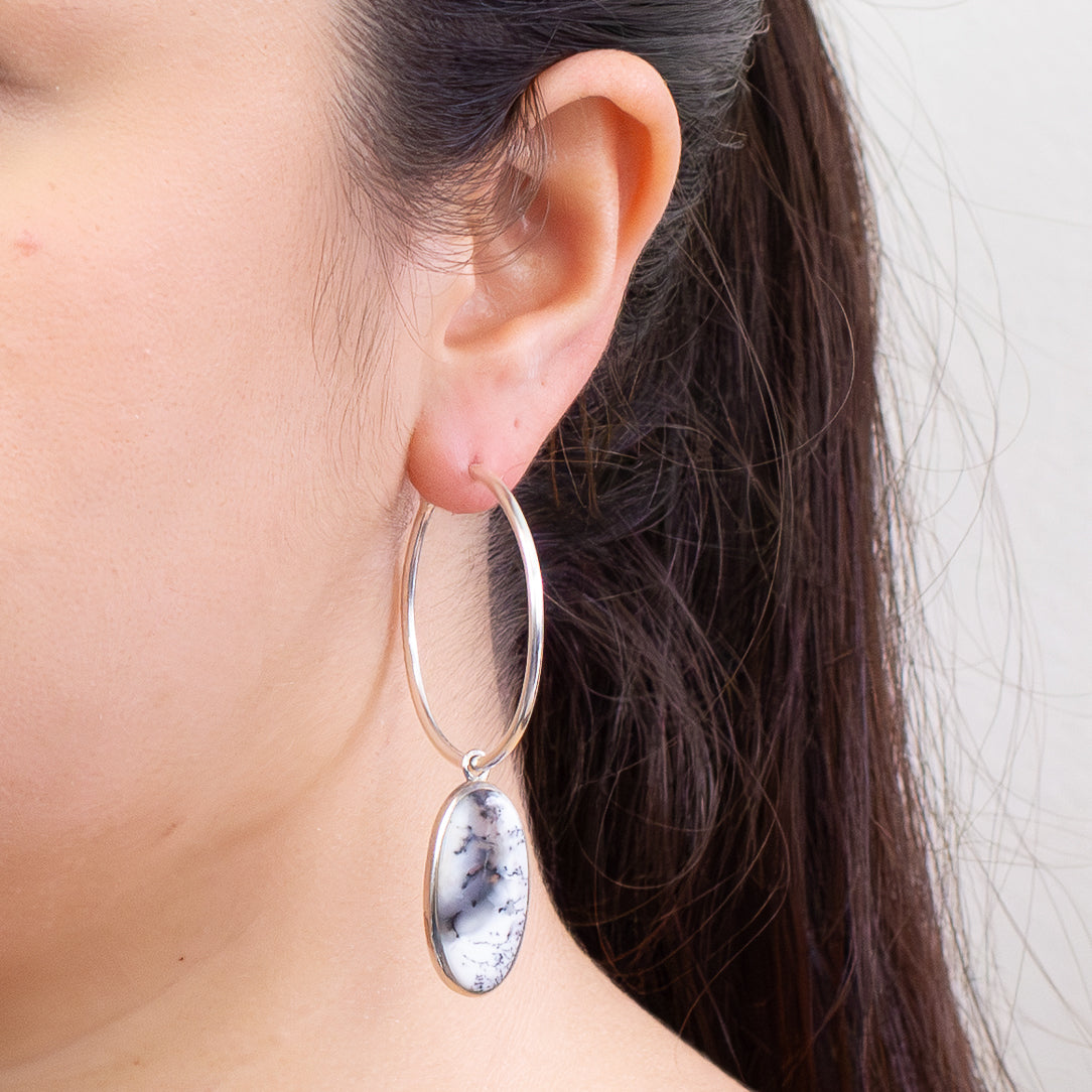 Oval dendritic opal hoop charms with natural fern-like inclusions in sterling silver