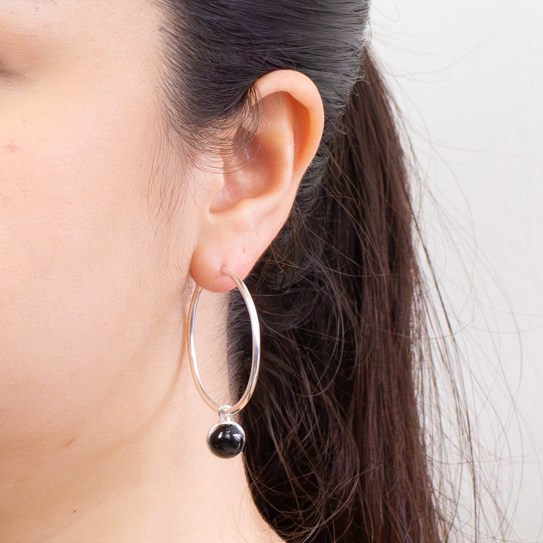 Round black star diopside cabochon hoop charms in sterling silver bezel setting